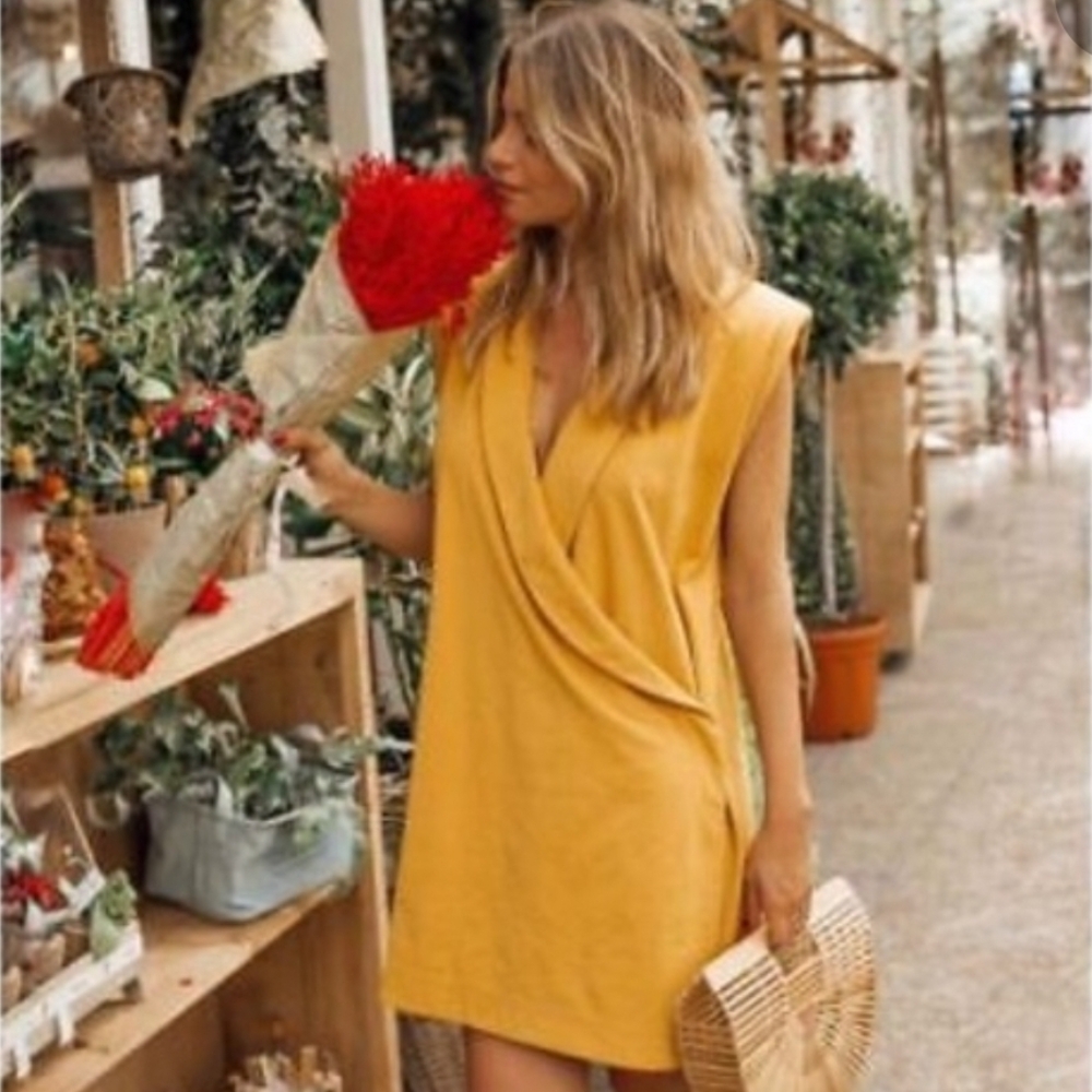 Zara Yellow Sheath Midi Dress with Plunge Neckline